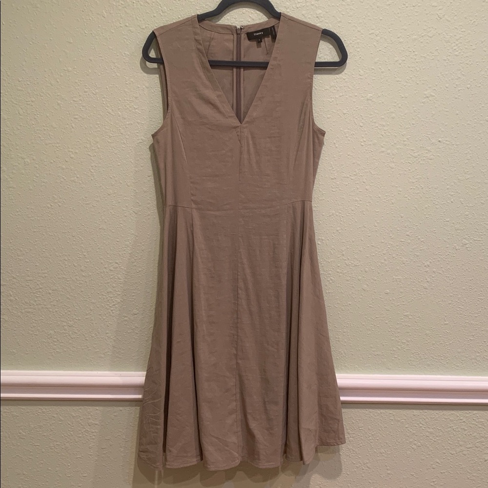 Theory Kalsington Linen Blend V-Neck Sleeveless Dress in Taupe/Beige Sz 6